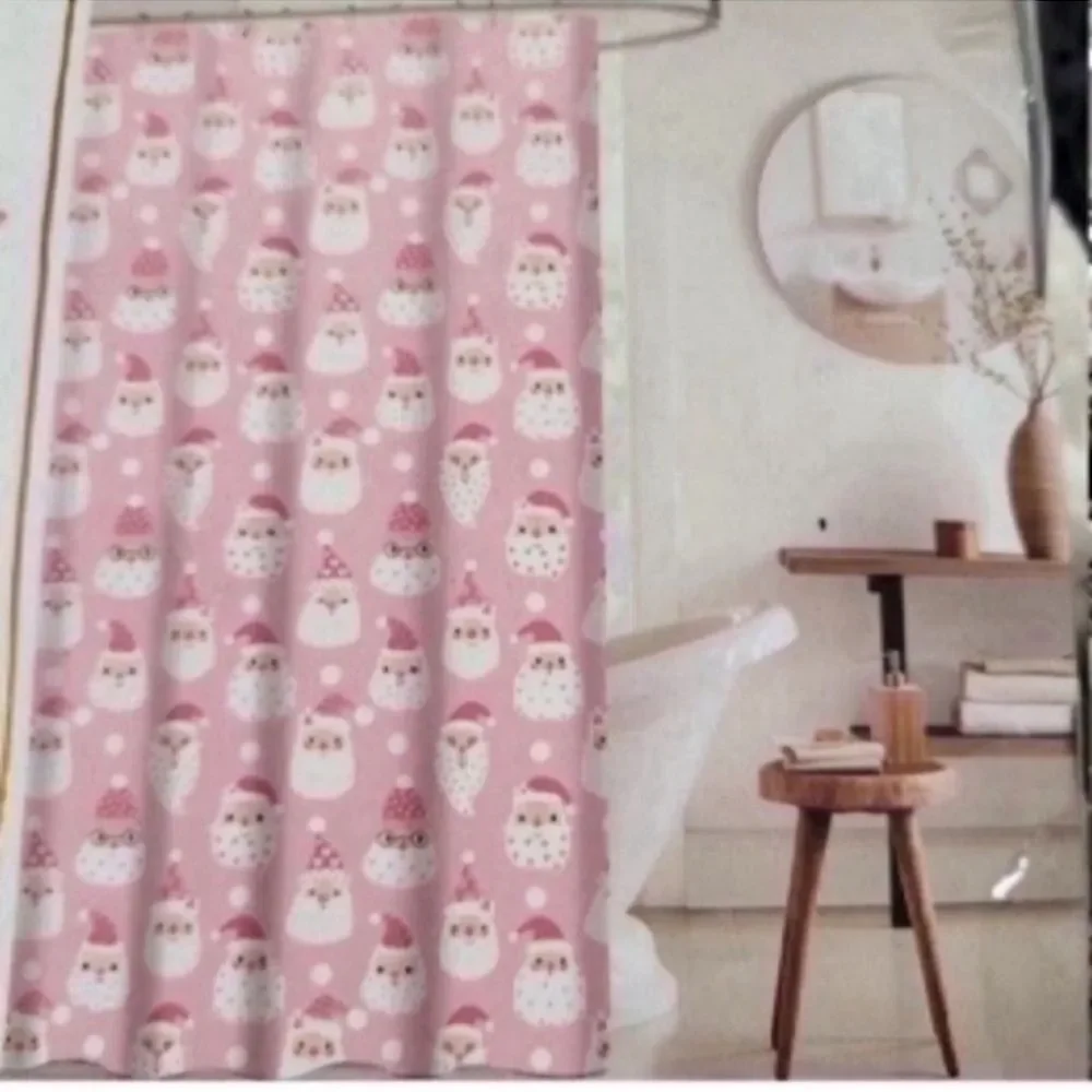 New Pink Santa Shower Curtain with Shower Hooks